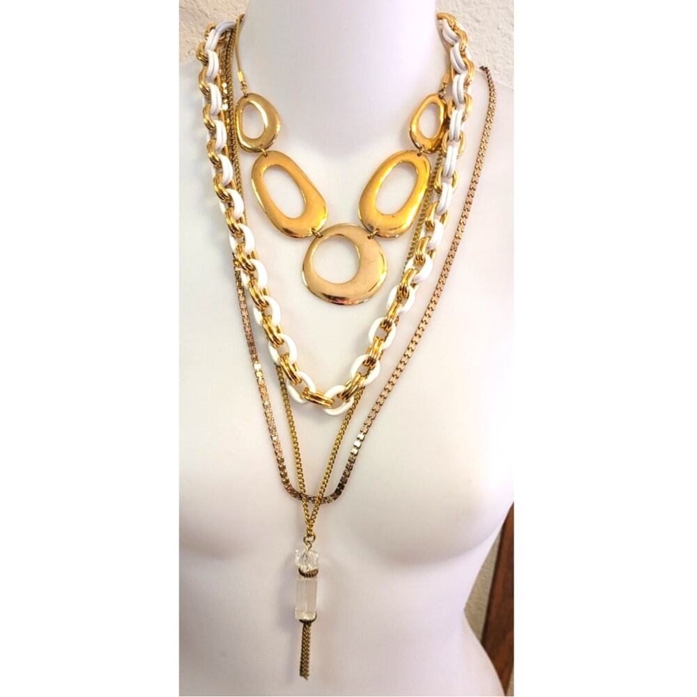 Vtg Gold Tone Statement Necklace Lot 4 Pc Chunky Link Clear Pendant 2 Signed